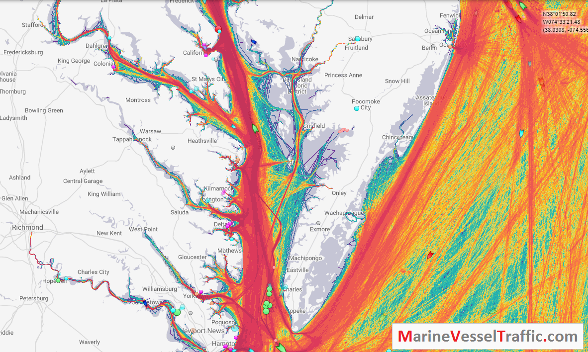 Live Marine Traffic, Density Map and Current Position of ships in CHESAPEAKE BAY